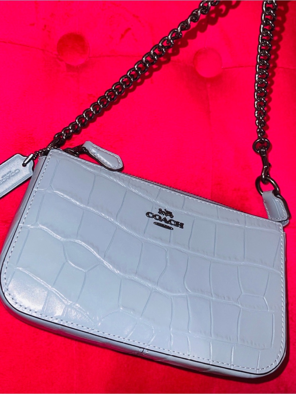 Coach Croc-Embossed Leather Crossbody Bag in Light Gray with Chain Strap